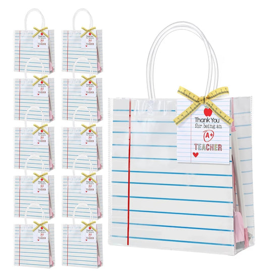 24 Piece Back To School Clear PVC Gift Bags with Measuring Tape Ribbon and Thank You Tags
