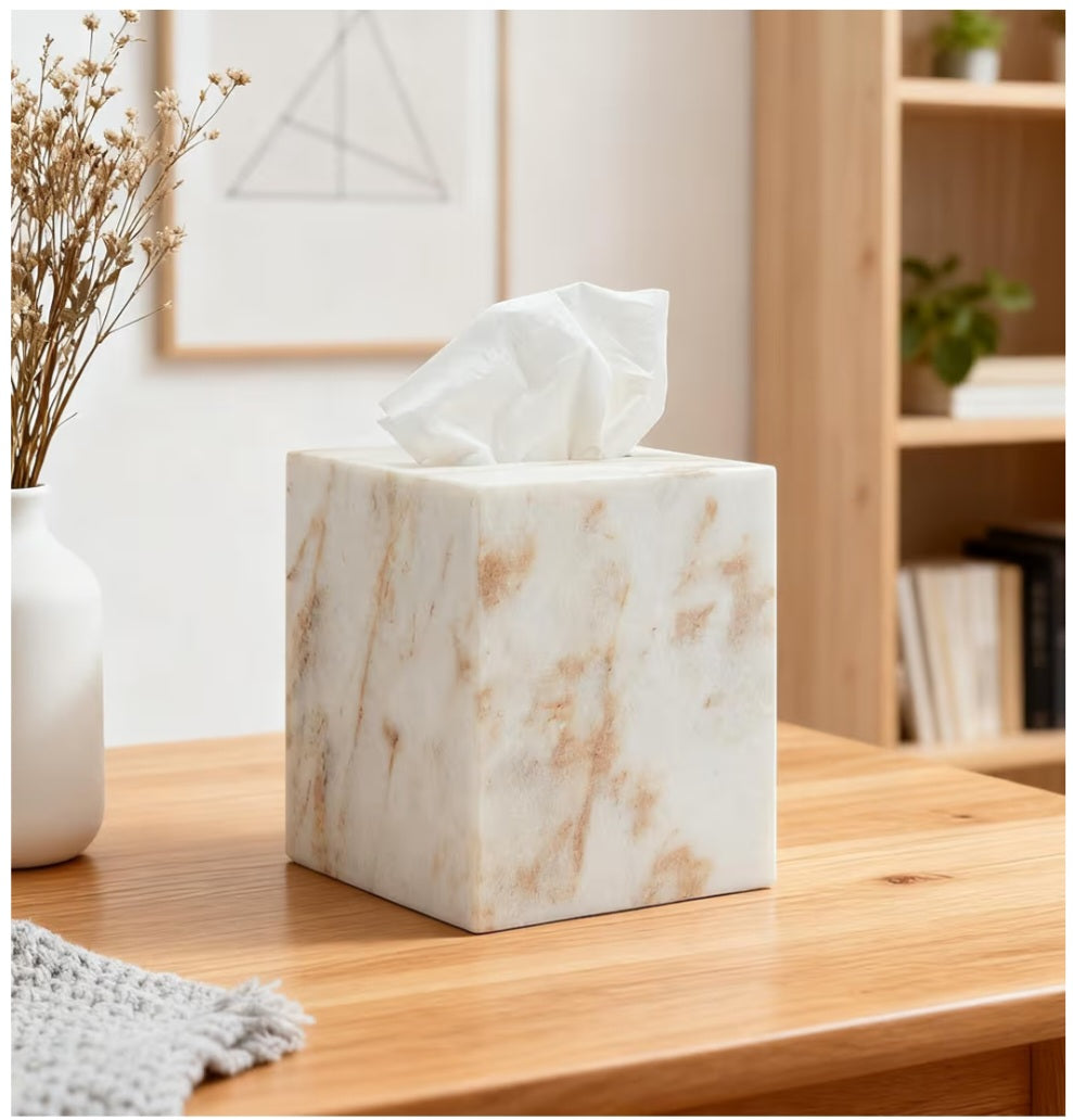 Marble Tissue Box Cover, White with Gold Texture. 6.83lbs