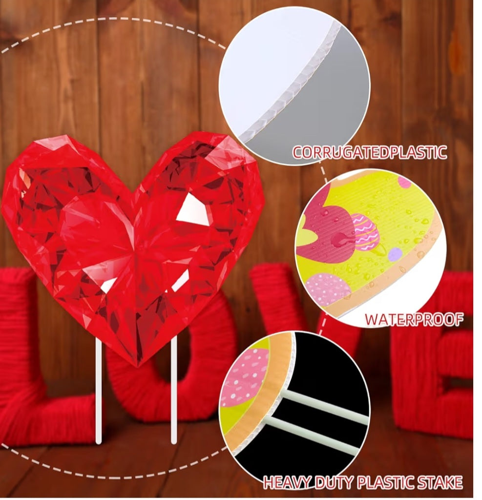 Diamond Heart Outdoor Decorations With Stakes (5 piece set) Red Heart Pathway Marker Gifts