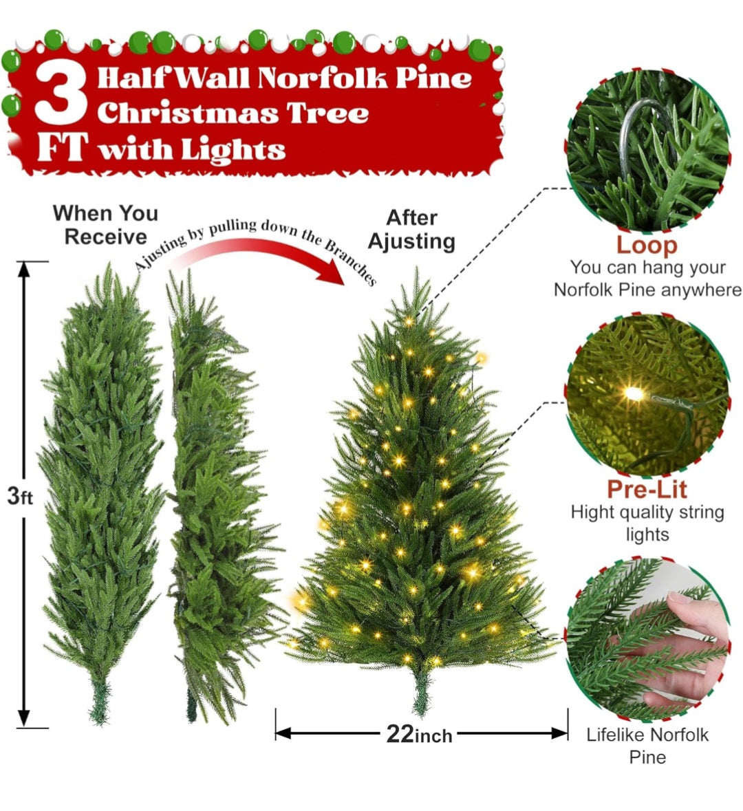 Wall Hanging 3 FT Christmas Tree with Led Lights