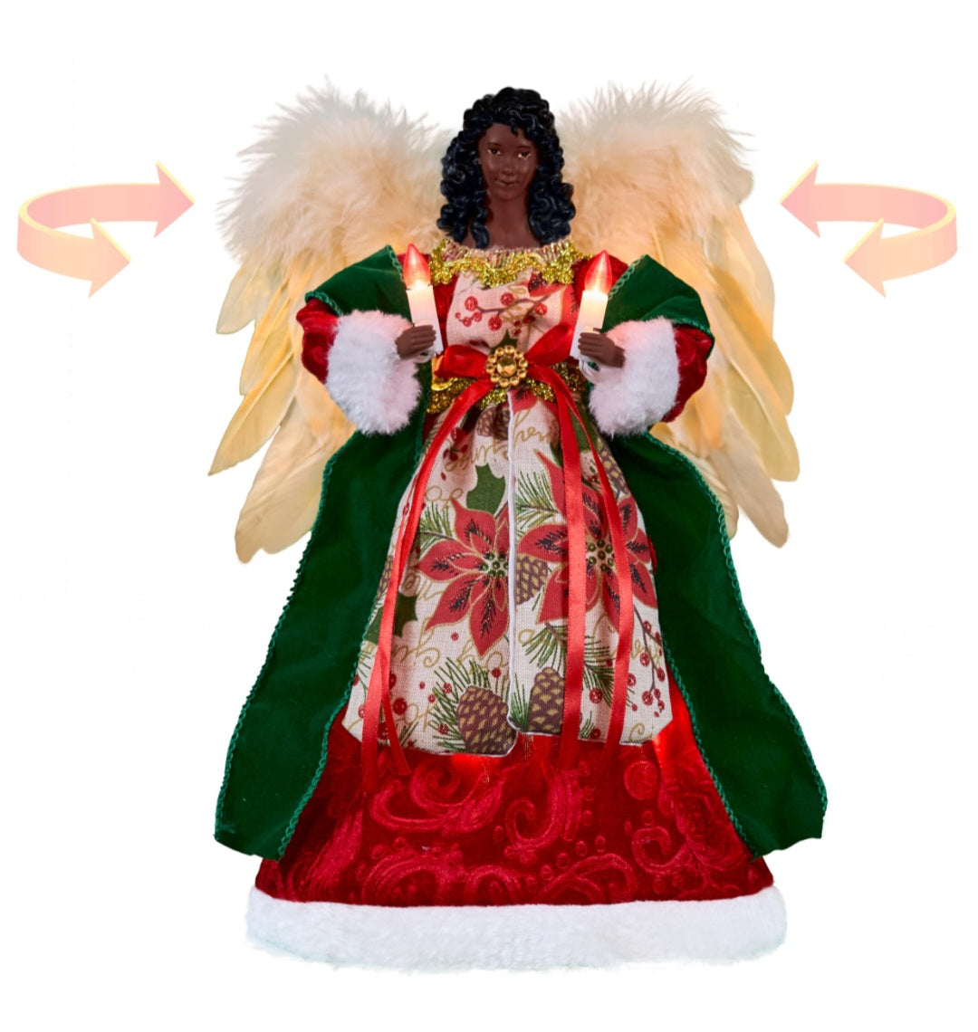 -000- Moving Black Angel Tree Topper with Lights.12-Inch Red Cloth Lighted African American Decoration Holding Candles