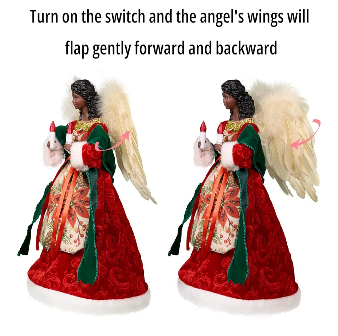 -000- Moving Black Angel Tree Topper with Lights.12-Inch Red Cloth Lighted African American Decoration Holding Candles