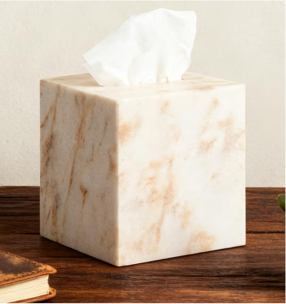Marble Tissue Box Cover, White with Gold Texture. 6.83lbs