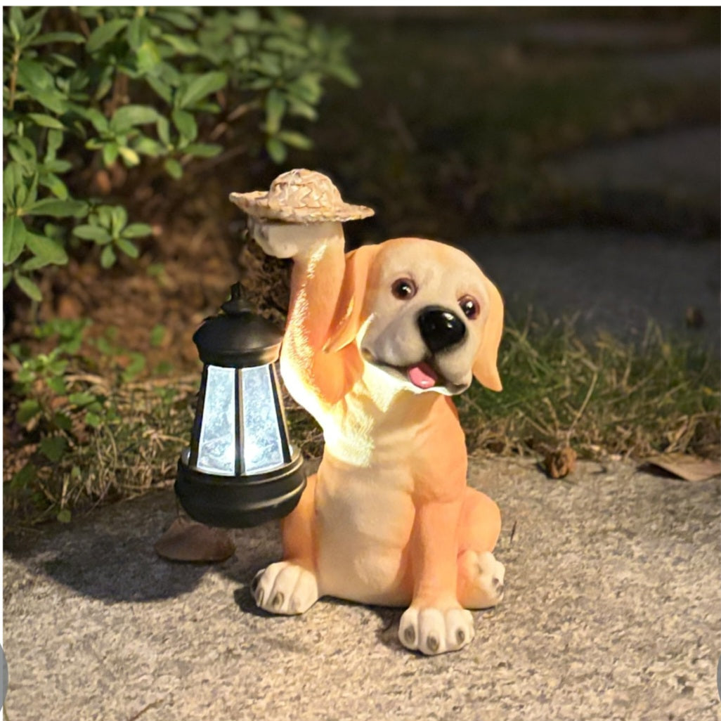Garden Dog Statue - Adorable Resin Dog Figurine with Straw Hat and Solar LED Lantern