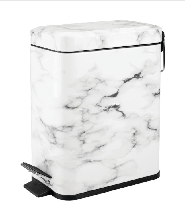 Small White Marble Modern 1.3 Gallon Rectangle Metal Lidded Step Trash Can