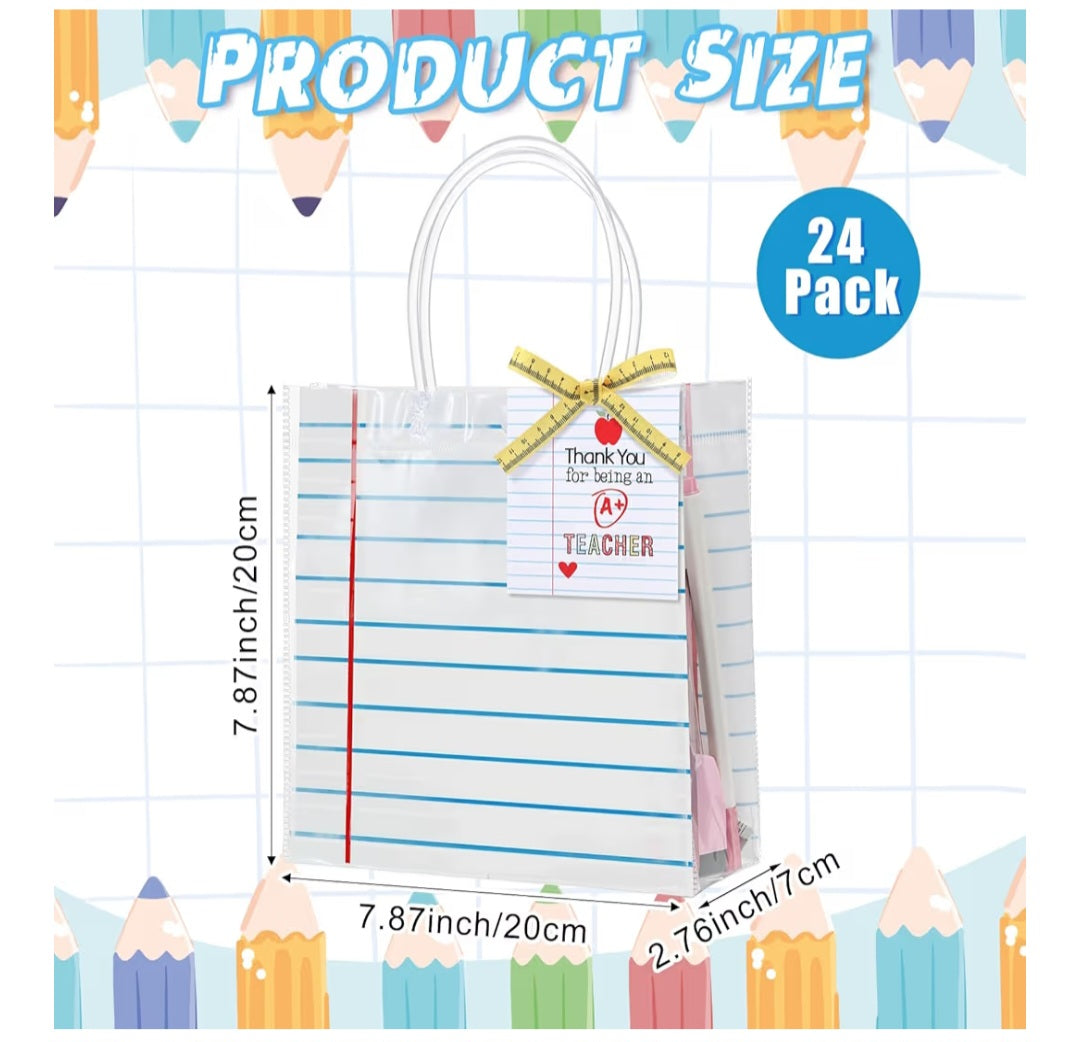 24 Piece Back To School Clear PVC Gift Bags with Measuring Tape Ribbon and Thank You Tags