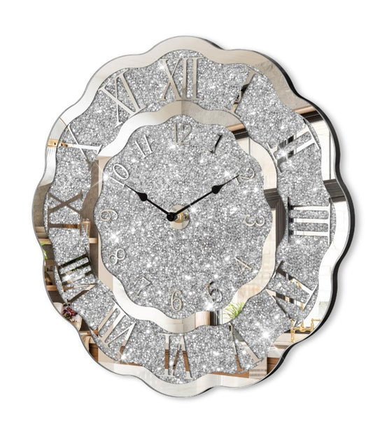 6c Crushed Diamond Mirrored Wall Clock! SLIGHT IMPERFECTION---SOLD AS IS!