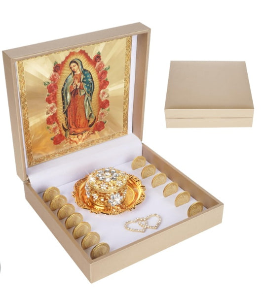 8d Arras Para Boda Catolica with Virgen De Guadalupe Gifts Box. Catholic Arras Box, Mexican Wedding Arras Coins Set(Gold) Small double heart not included!