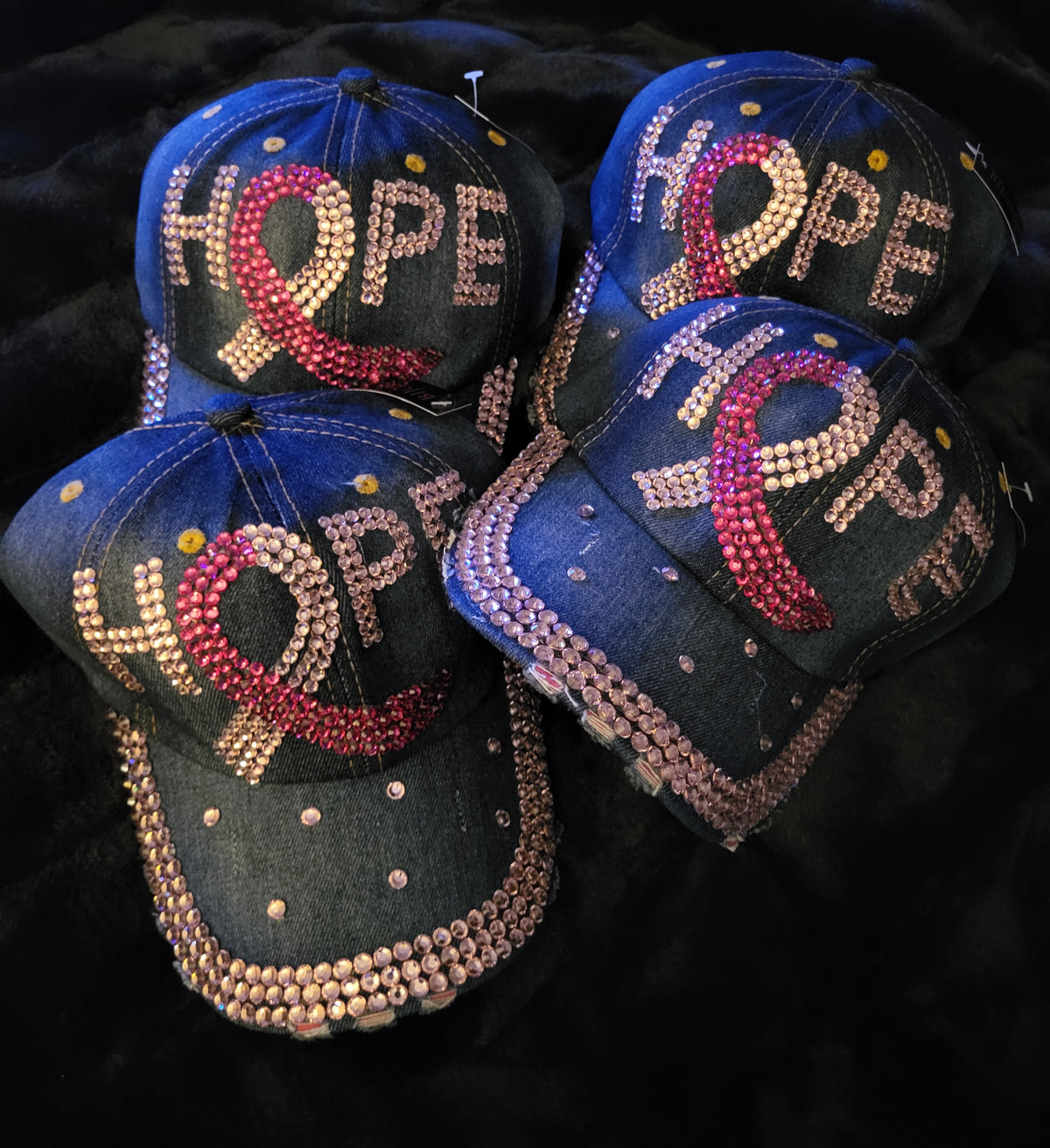Breast Cancer Bling Hope Cap with distressed stitching around bib