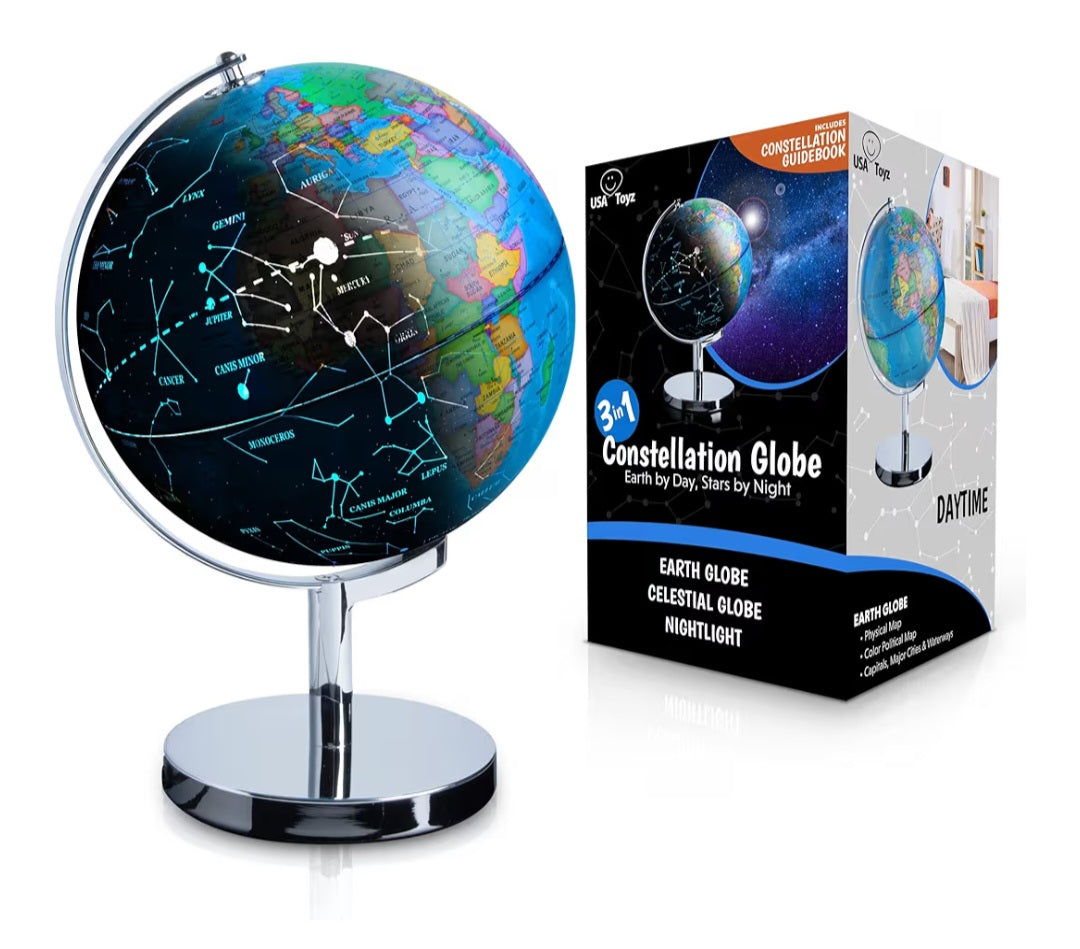 STEM Educational Globe. LED Interactive Illuminated Globe of the World with Sturdy Chrome Stand - 13.5 Inches Tall