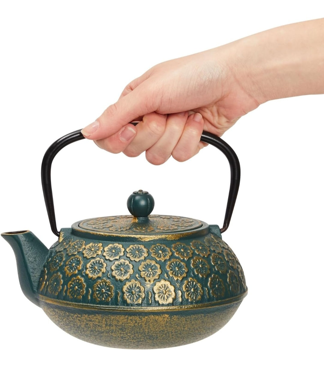 Juvale Cast Iron Tea Kettle with Infuser - 34 oz, Sage Green/Floral