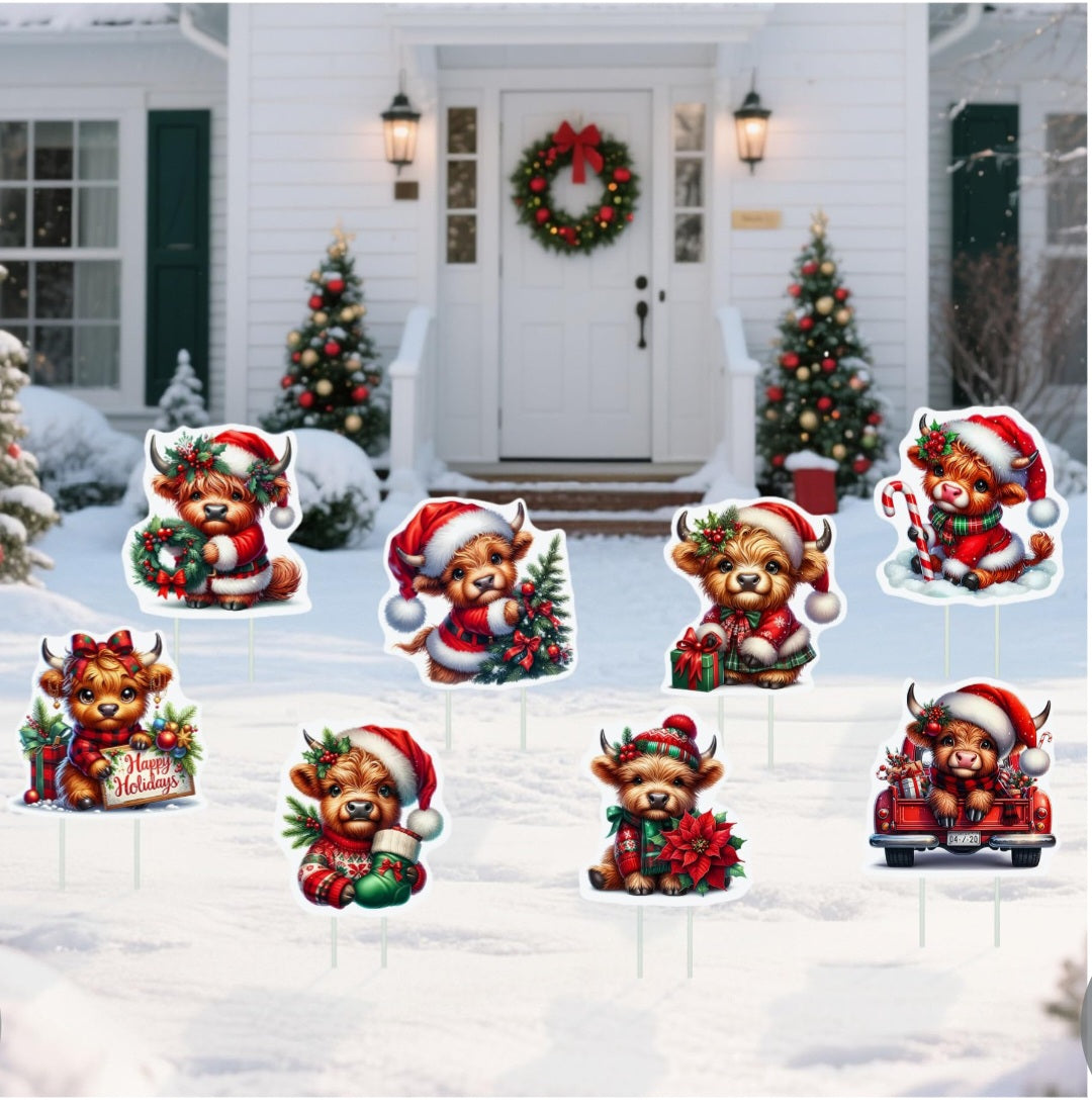 Highland Cow 8 Pcs Outdoor Christmas Yard Signs With Stakes 12 x 10''