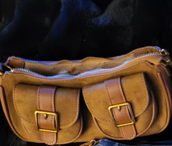 Brown Suede Mini Crossbody with Double Buckle Pockets