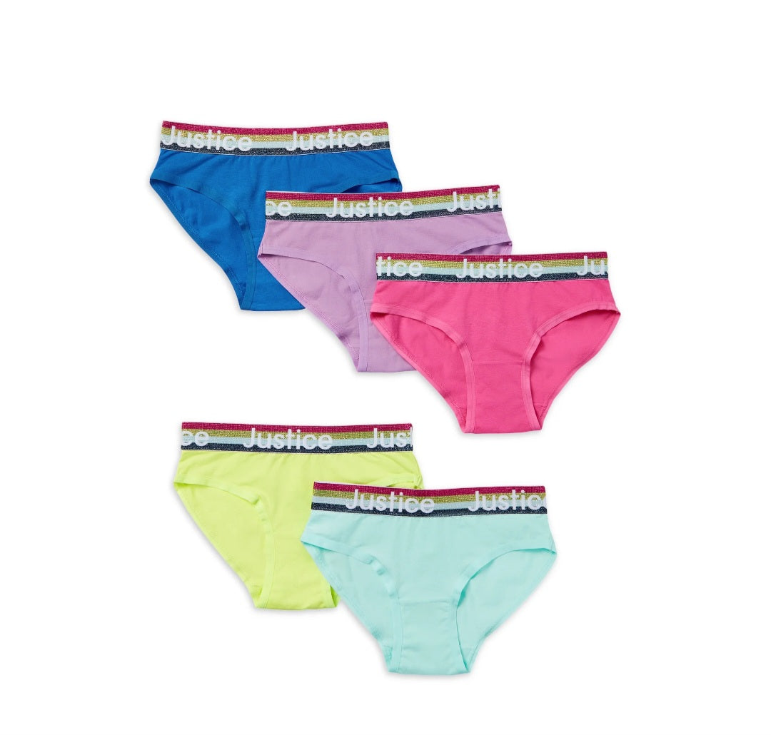Justice Girls Oh So Soft Logo Elastic Bikini Underwear, 5 pack, Sizes 6