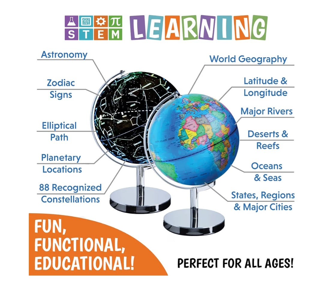 STEM Educational Globe. LED Interactive Illuminated Globe of the World with Sturdy Chrome Stand - 13.5 Inches Tall