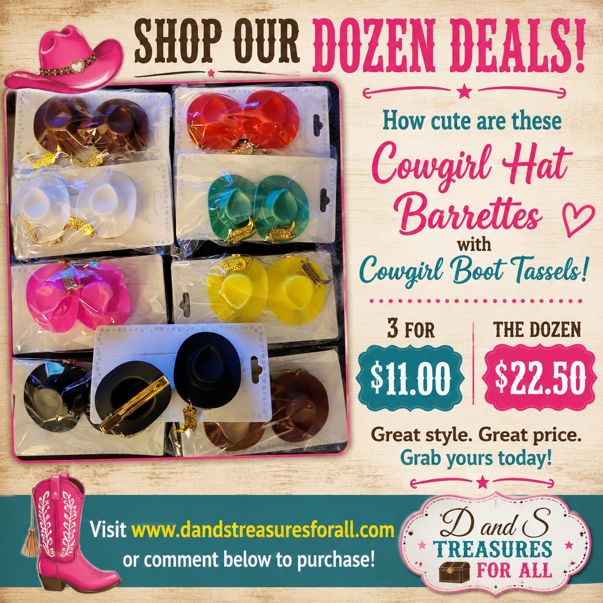 Cowgirl Hat Barrettes with Boot Tassel—3 for $11.00!