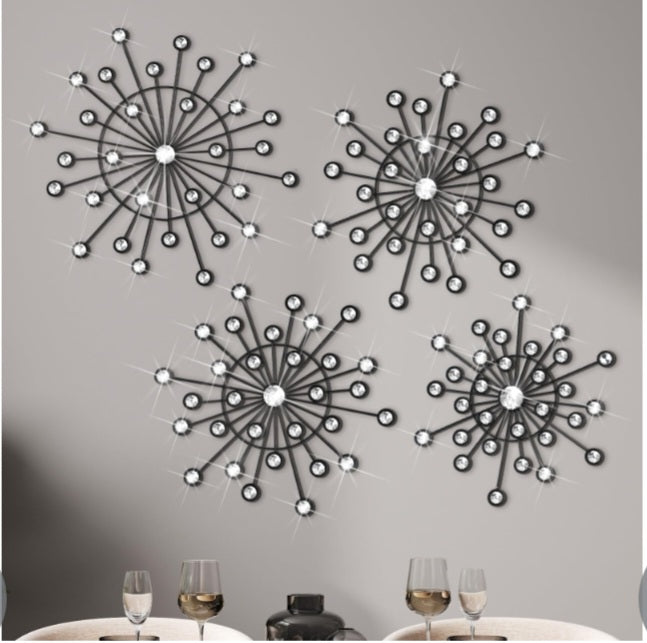 Blulu 4 Pcs Metal Bling Crystal Wall Art Cast Iron Rhinestones/Sunburst Decor Art Hanging Diamond Accents(Black)