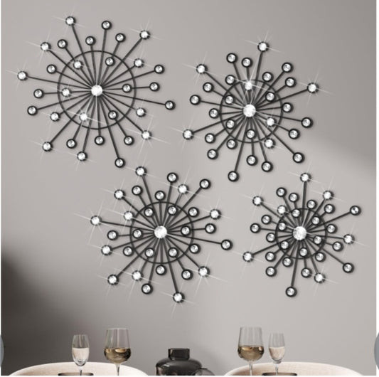 Blulu 4 Pcs Metal Bling Crystal Wall Art Cast Iron Rhinestones/Sunburst Decor Art Hanging Diamond Accents(Black)