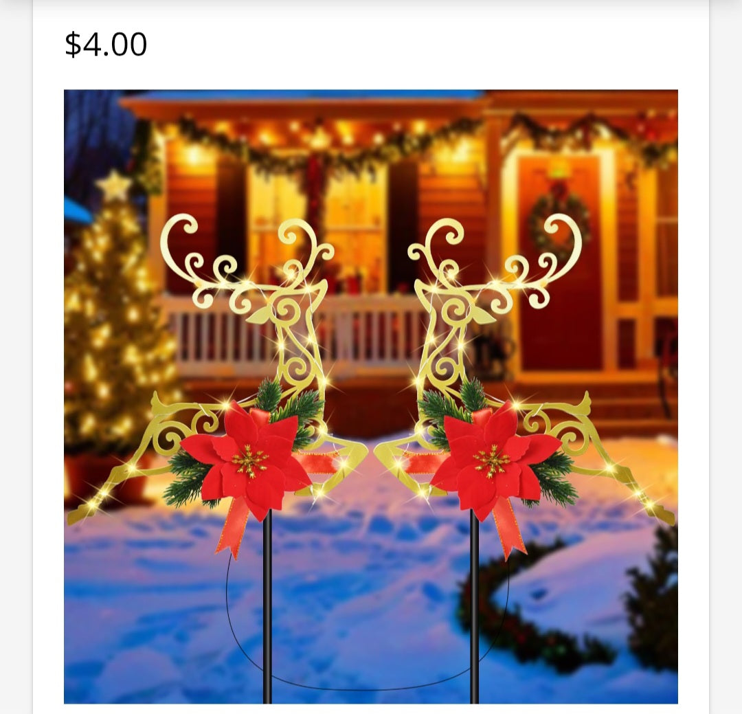 -000- Christmas Solar Pathway Lights/Metal Reindeer Garden Stake Lights with Poinsettia Decorations, 2 Pack