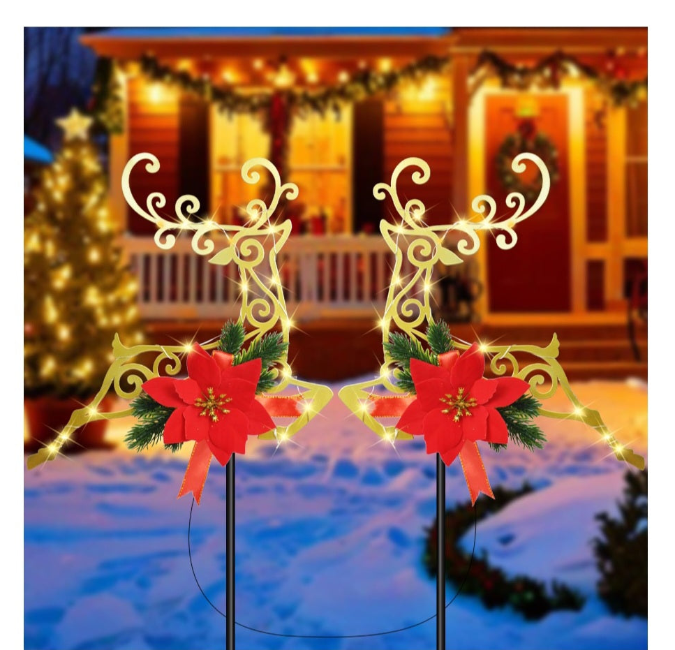 Christmas Solar Pathway Lights/Metal Reindeer Garden Stake Lights with Poinsettia Decorations, 2 Pack