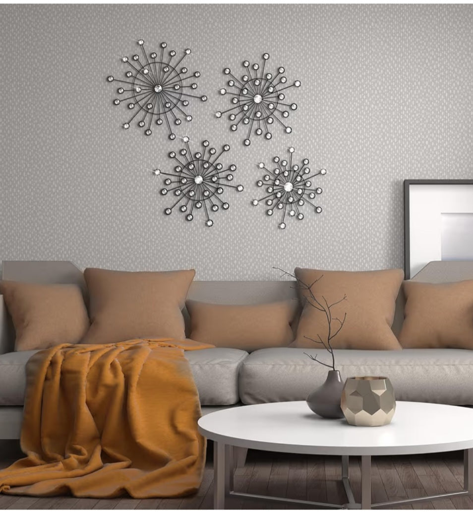 Blulu 4 Pcs Metal Bling Crystal Wall Art Cast Iron Rhinestones/Sunburst Decor Art Hanging Diamond Accents(Black)