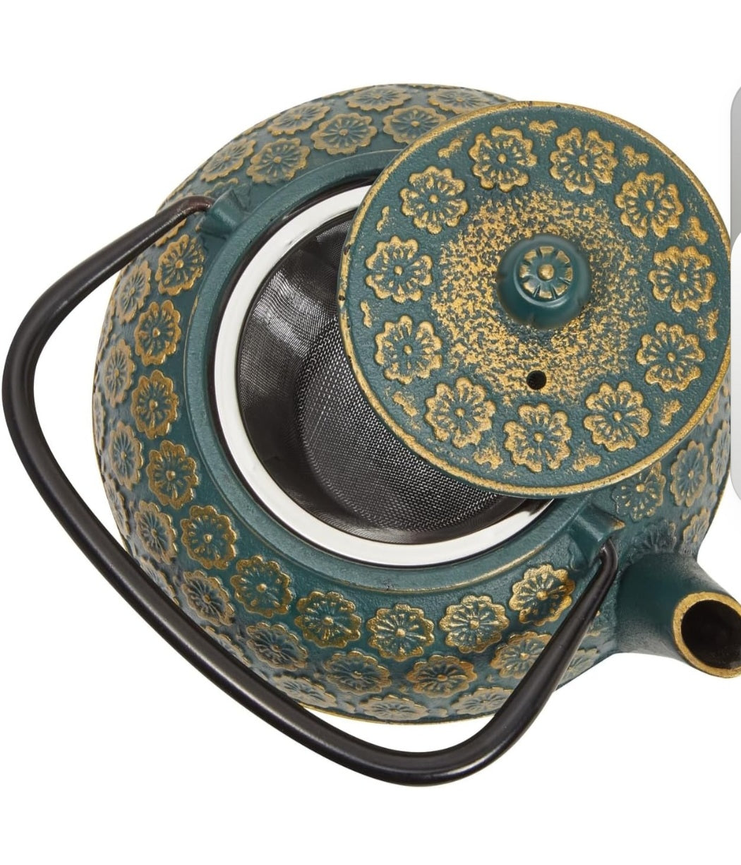 Juvale Cast Iron Tea Kettle with Infuser - 34 oz, Sage Green/Floral