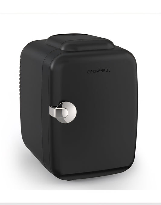 -001 NEW ITEM- CROWNFUL Mini Fridge, 4 Liter/6 Can Portable Cooler and Warmer Personal Fridge for Skin Care, Cosmetics, Food,Great for Bedroom, Office, Car (Black)