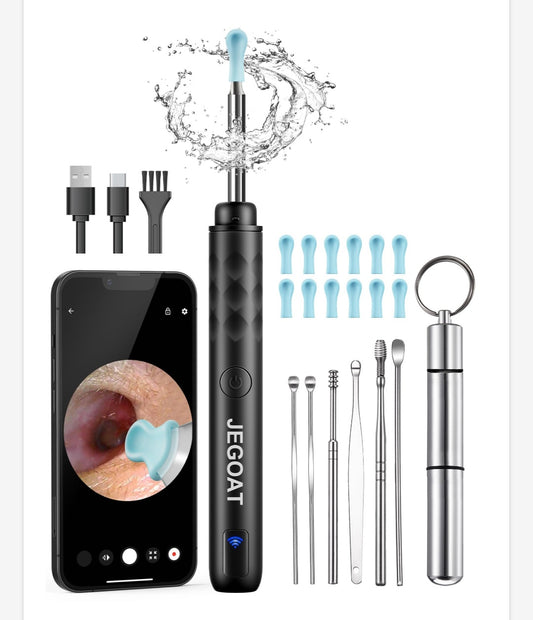 -001 NEW ITEM--Ear Wax Removal Tool w/Camera.  Earwax Removal Kit with Otoscope, Ear Canel Cleaning 6 LED Lights 12 Ear Pickers, 1296P HD (Black)