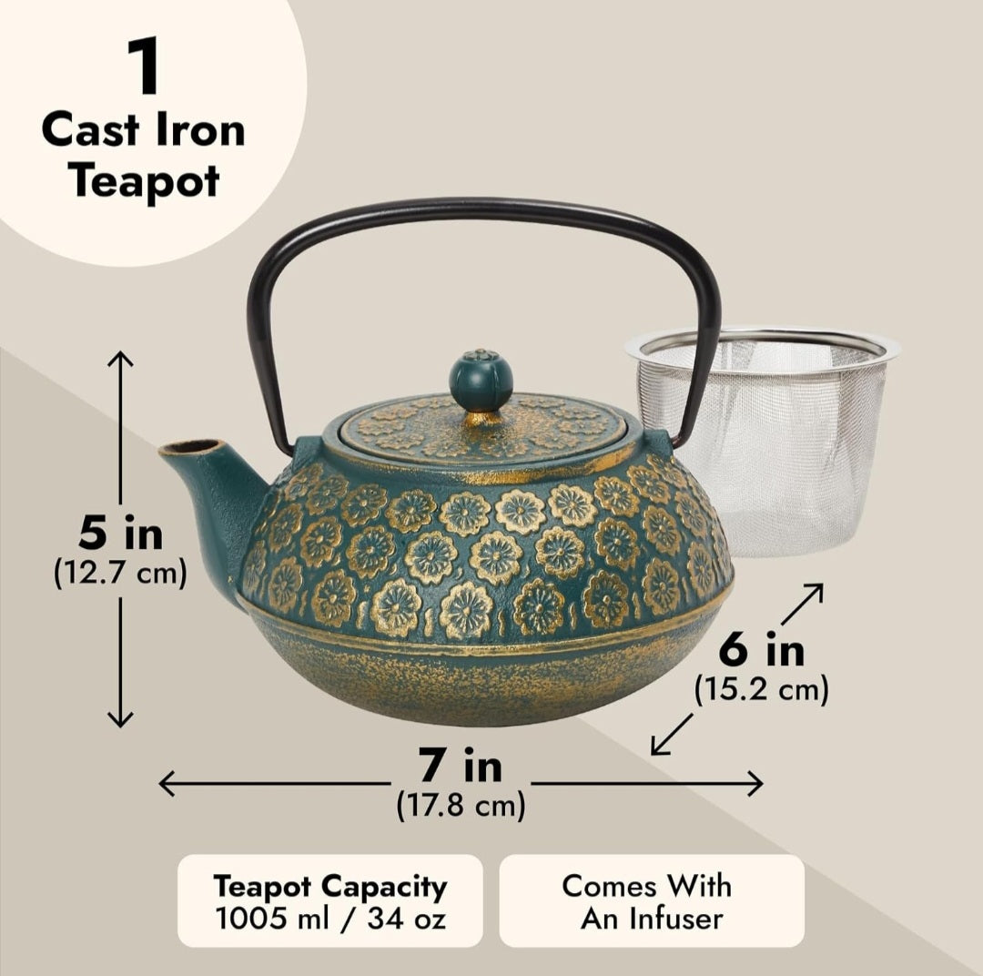 Juvale Cast Iron Tea Kettle with Infuser - 34 oz, Sage Green/Floral