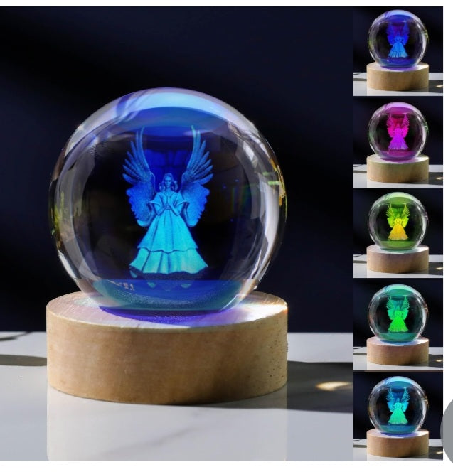 Crystal 3D Guardian Angel Statue with Colorful Led Base