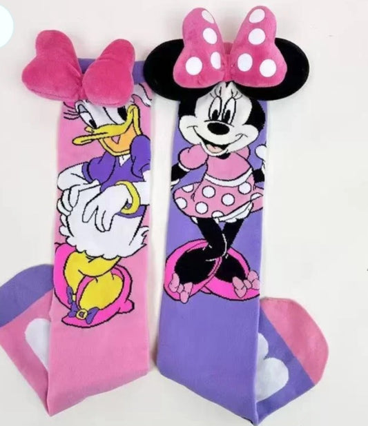JIOIWA Cartoon Mouse & Duck Mismatched 3D Plush Bow Knee-High Socks