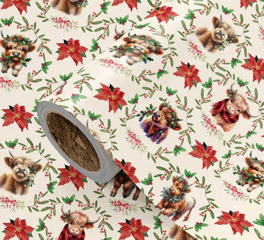 Highland Cow w/Holly & Scarf Christmas Wrapping Paper (20x28 inches)