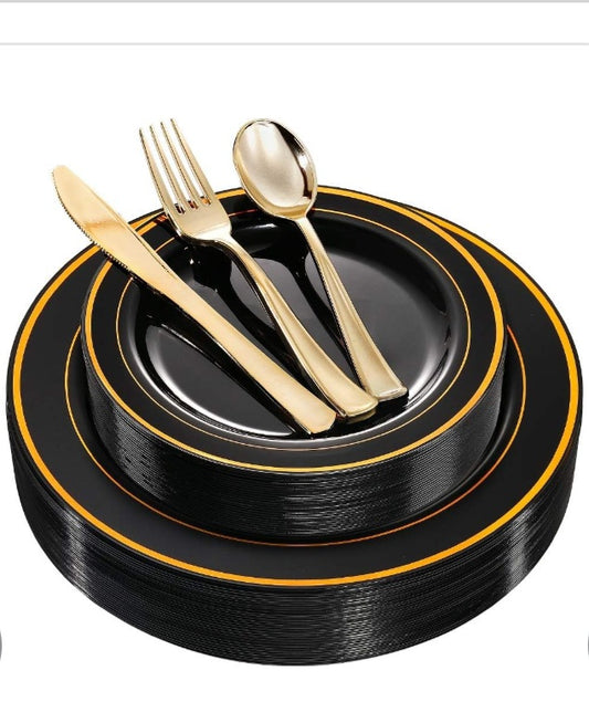 WDF 125 Pieces Disposable Black Plates with Gold Rim & Disposable Gold Plastic Silverware