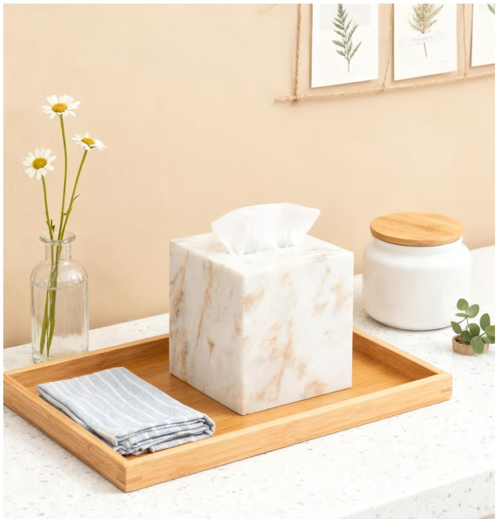 Marble Tissue Box Cover, White with Gold Texture. 6.83lbs