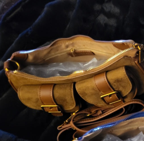 Brown Suede Mini Crossbody with Double Buckle Pockets