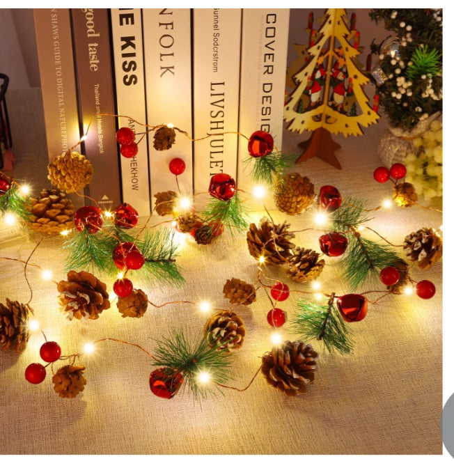 -000- Christmas Garland with String Lights 10 Ft 30 LED Pine Cone Red Berry Bells Garland Lights
