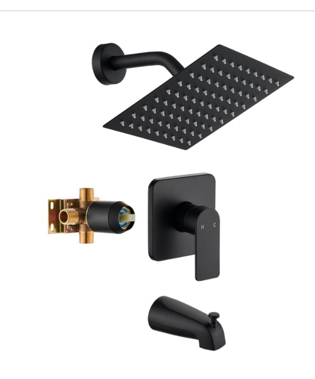 Black Tub Shower Faucet Set Complete with 8-Inch Rainfall Shower Head and Tub Spout Included Shower Valve Tub Shower Trim Kit Matte Black