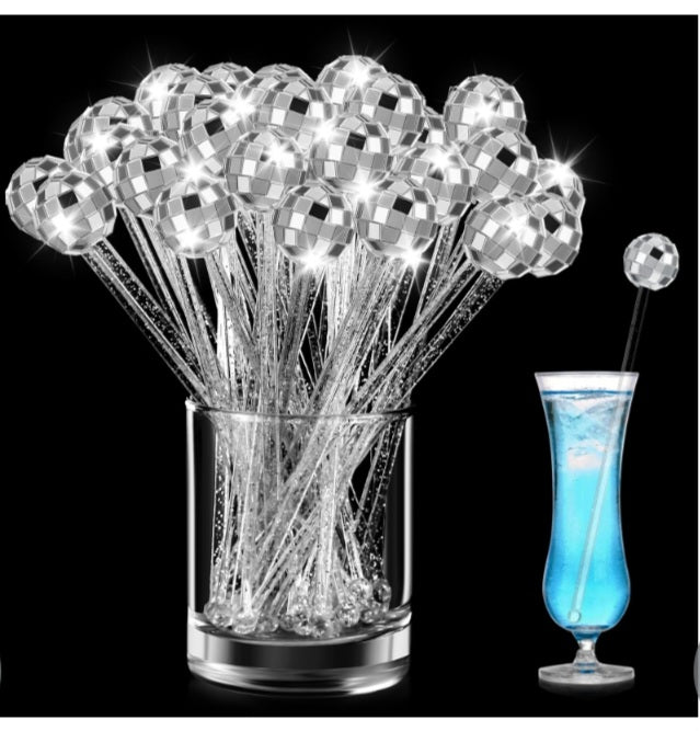 Disco Ball Drink Stirrers 7.7' (Glitter Style 12 Pack)