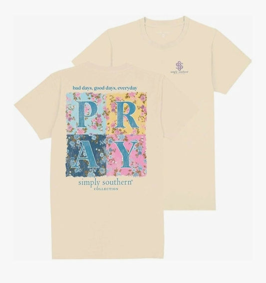 -001 NEW ITEM-Simply Southern "Pray" Relaxed Fit Short Sleeve Adult XL T-Shirt (16-18), Natural