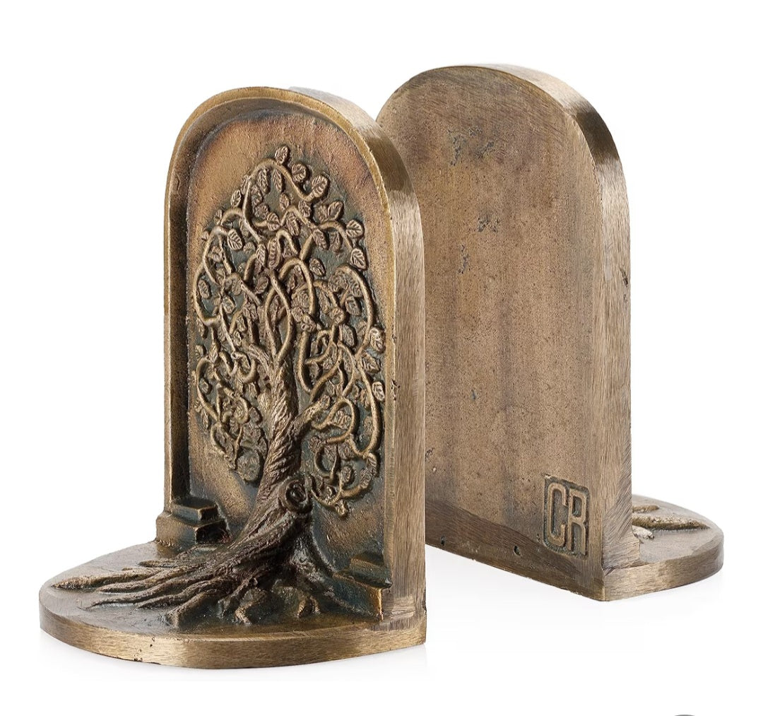 Tree of Life Bookends, Antique Brass, 2 Decorative Bookends for Shelves or Bookcase, Cast Iron