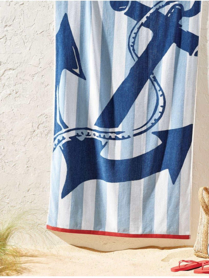 Anchor Nautical Blue Striped Oversized Beach Towel