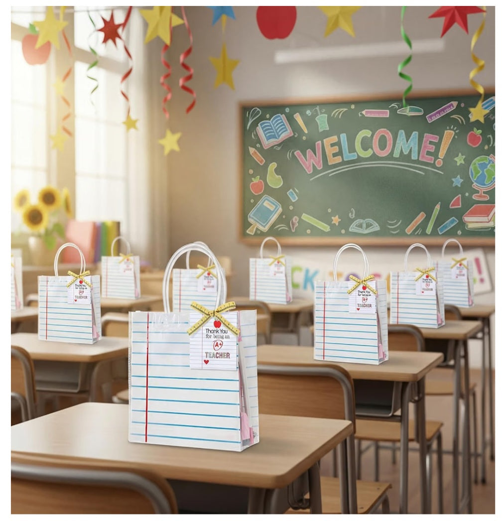 24 Piece Back To School Clear PVC Gift Bags with Measuring Tape Ribbon and Thank You Tags