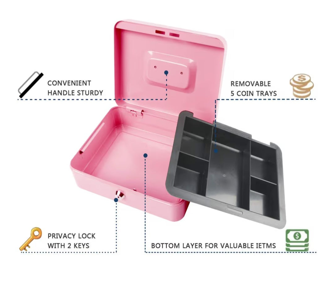 9h Pink Cash Box with Money Tray and Lock