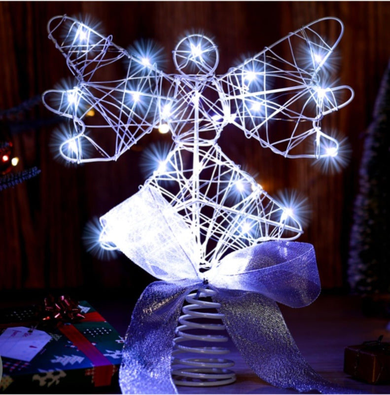 Angel Christmas Tree Topper with Bow and LED Light String, 9 Inch Lighted Glittered Angel-Not Pre-lit(White)Inventory #549-163