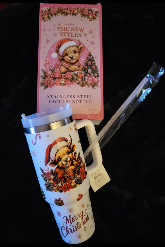 Highland Cow Christmas 40 oz Stainless Steel Tumbler w/Straw (decorations)