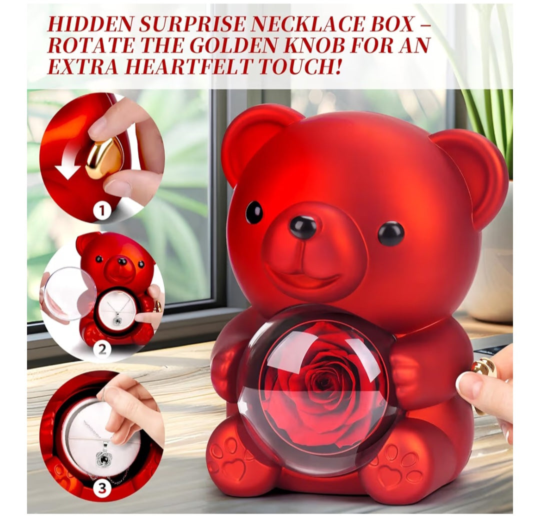 Teddy Bear with Preserved Real Rose and Heart Necklace