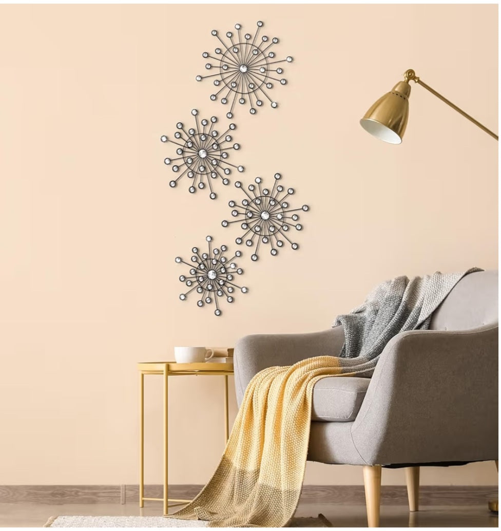 Blulu 4 Pcs Metal Bling Crystal Wall Art Cast Iron Rhinestones/Sunburst Decor Art Hanging Diamond Accents(Black)