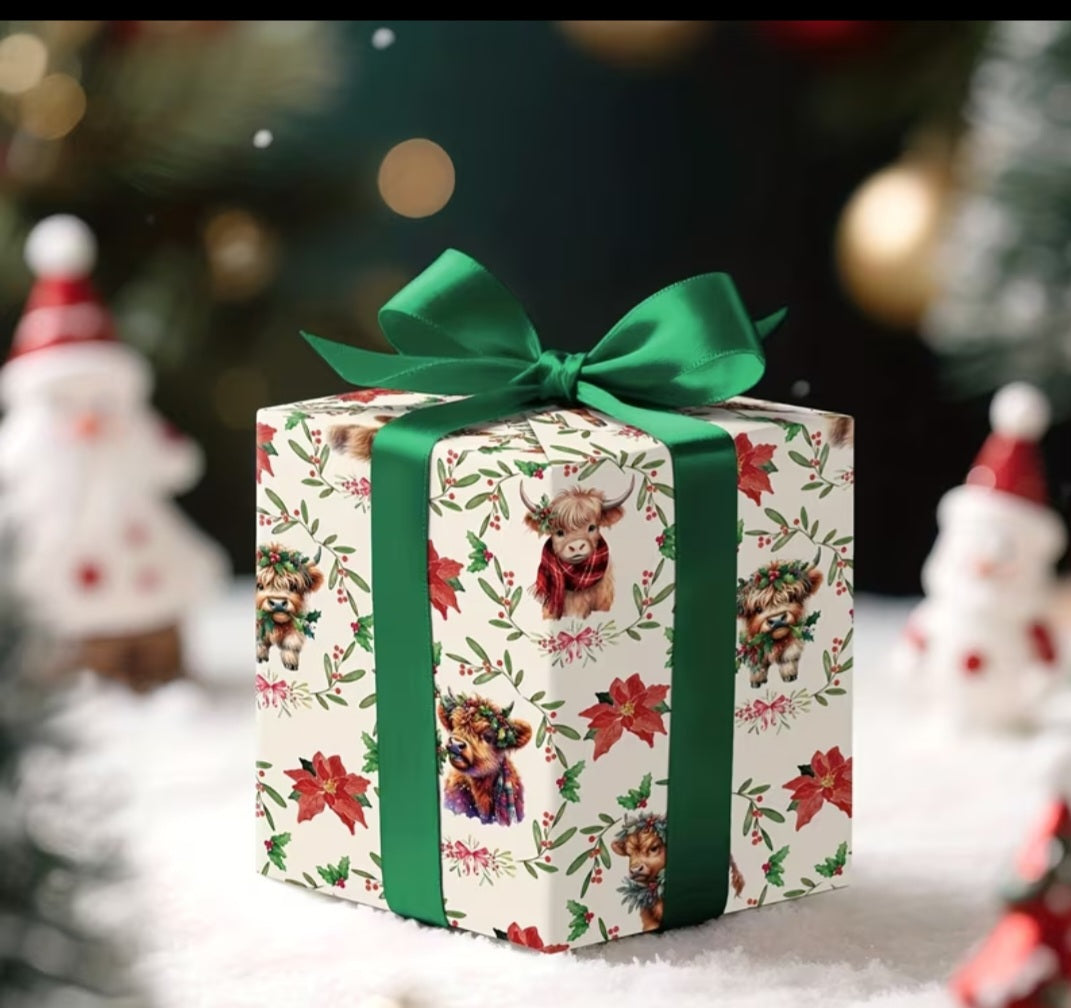 Highland Cow w/Holly & Scarf Christmas Wrapping Paper (20x28 inches)