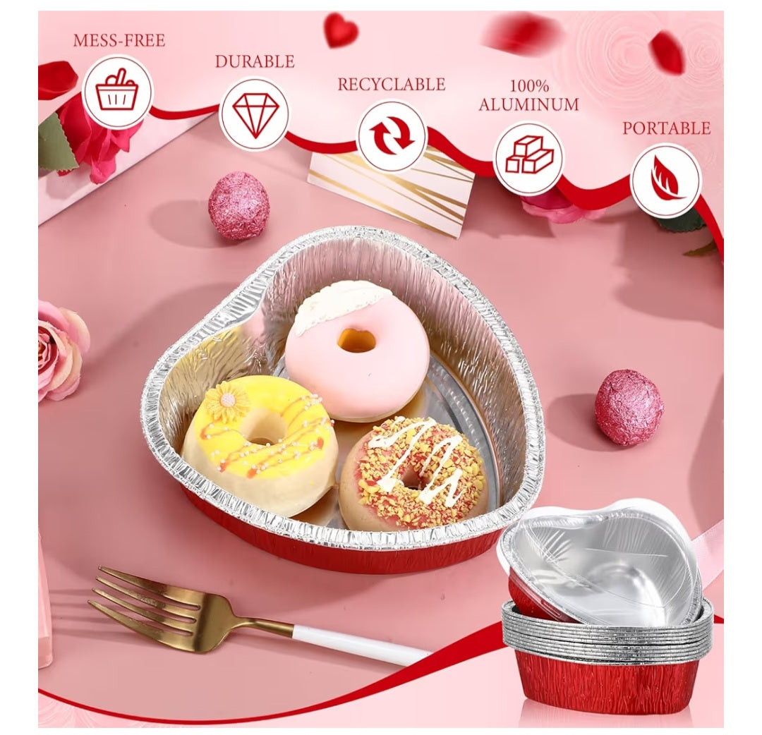 Red Heart Shaped Aluminum Foil Disposable Pans with Lids 7.4" (5 Pieces)