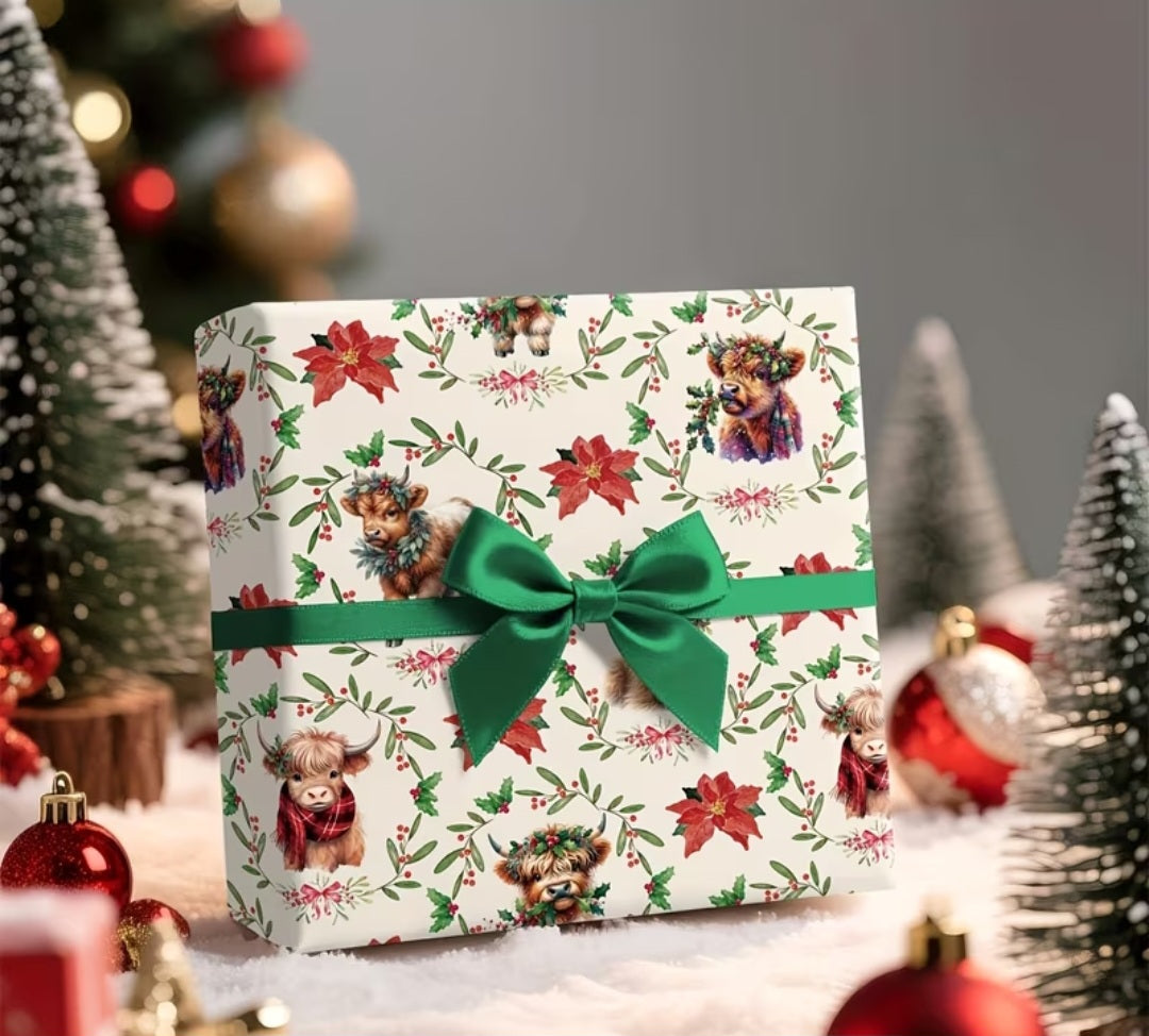 Highland Cow w/Holly & Scarf Christmas Wrapping Paper (20x28 inches)